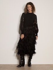 Apricot Black Fringe Trim Tiered Midi Skirt - Image 4 of 5