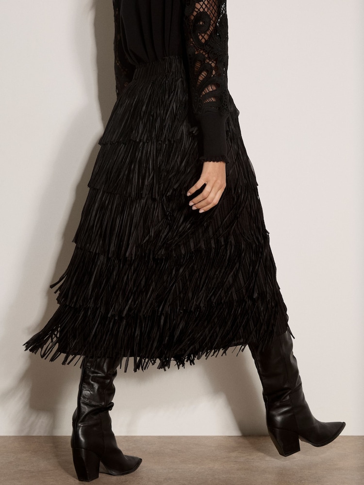 Apricot Black Fringe Trim Tiered Midi Skirt - Image 5 of 5 Apricot Black Fringe Trim Tiered Midi Skirt - Image 5 of 5