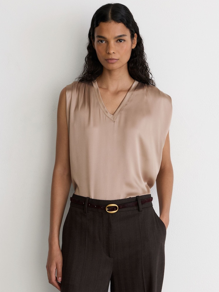 Reiss Taupe Neutral Renita Silk-Front V-Neck Sleeveless Top - Image 1 of 7 Reiss Taupe Neutral Renita Silk-Front V-Neck Sleeveless Top - Image 1 of 7