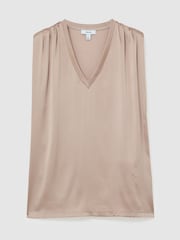 Reiss Taupe Neutral Renita Silk-Front V-Neck Sleeveless Top - Image 2 of 7