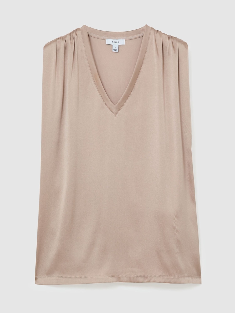 Reiss Taupe Neutral Renita Silk-Front V-Neck Sleeveless Top - Image 2 of 7 Reiss Taupe Neutral Renita Silk-Front V-Neck Sleeveless Top - Image 2 of 7