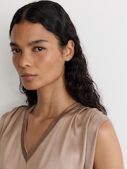 Reiss Taupe Neutral Renita Silk-Front V-Neck Sleeveless Top - Image 3 of 7
