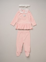 Rock-A-Bye Baby Boutique Pink Ribbed Velour Top Footed Trousers and Plush Headband Set - Image 1 of 6