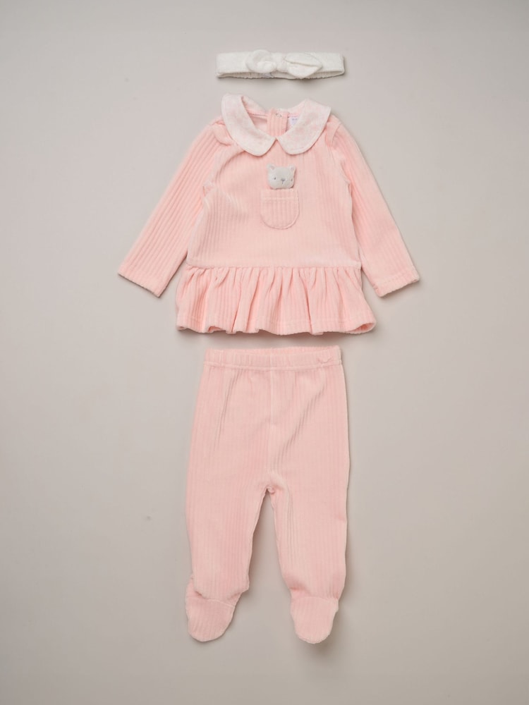 Rock-A-Bye Baby Boutique Pink Ribbed Velour Top Footed Trousers and Plush Headband Set - Image 1 of 6 Rock-A-Bye Baby Boutique Pink Ribbed Velour Top Footed Trousers and Plush Headband Set - Image 1 of 6