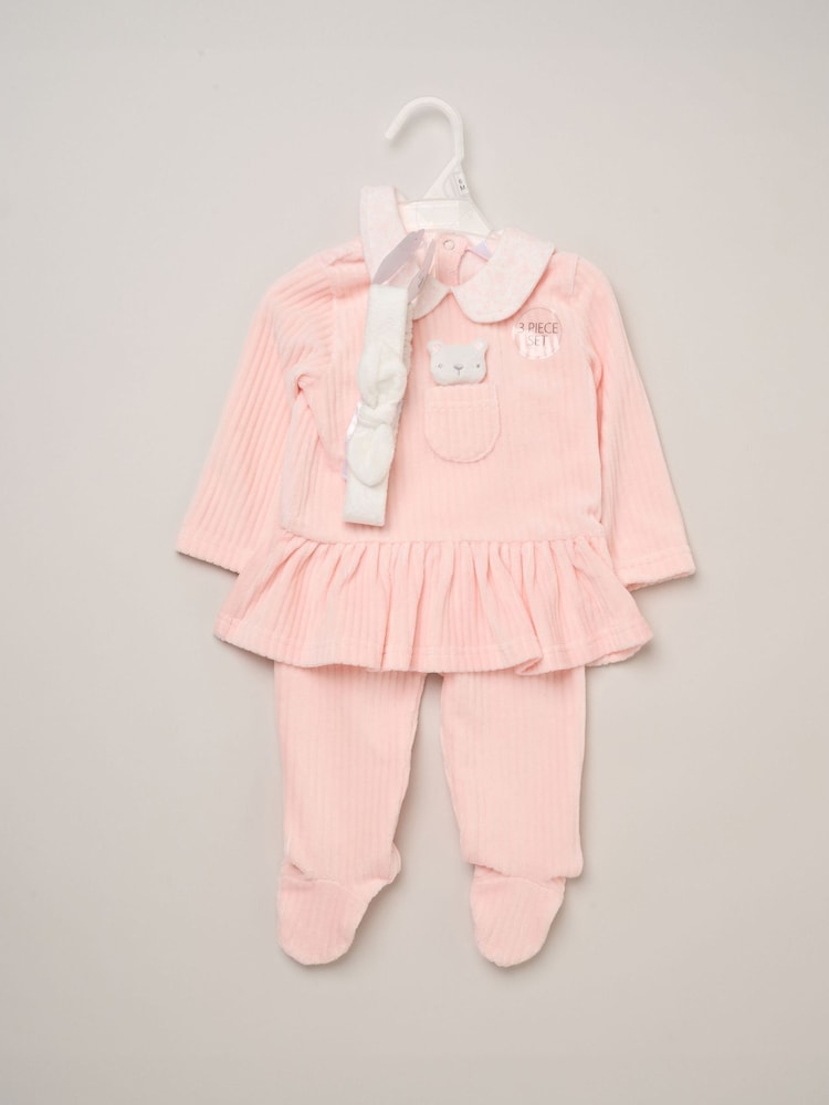 Rock-A-Bye Baby Boutique Pink Ribbed Velour Top Footed Trousers and Plush Headband Set - Image 6 of 6 Rock-A-Bye Baby Boutique Pink Ribbed Velour Top Footed Trousers and Plush Headband Set - Image 6 of 6
