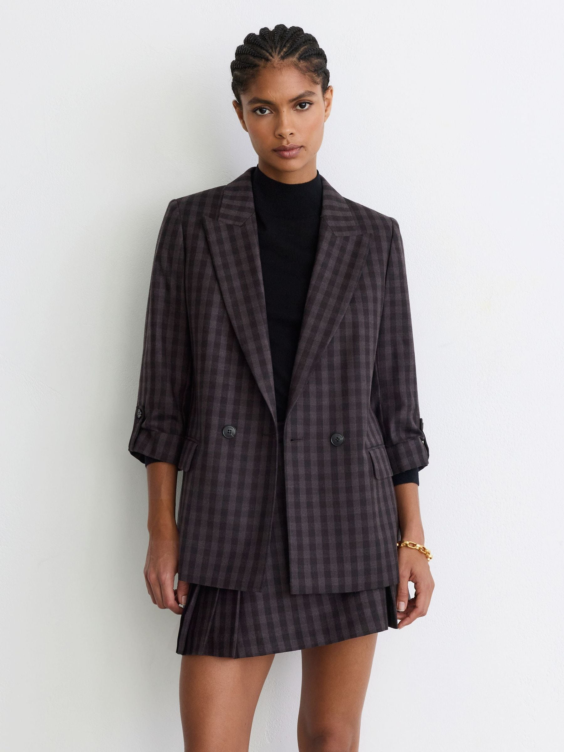 Reiss Grape Check Nolah Tall Wool Check Relaxed Double-breasted Blazer In Black