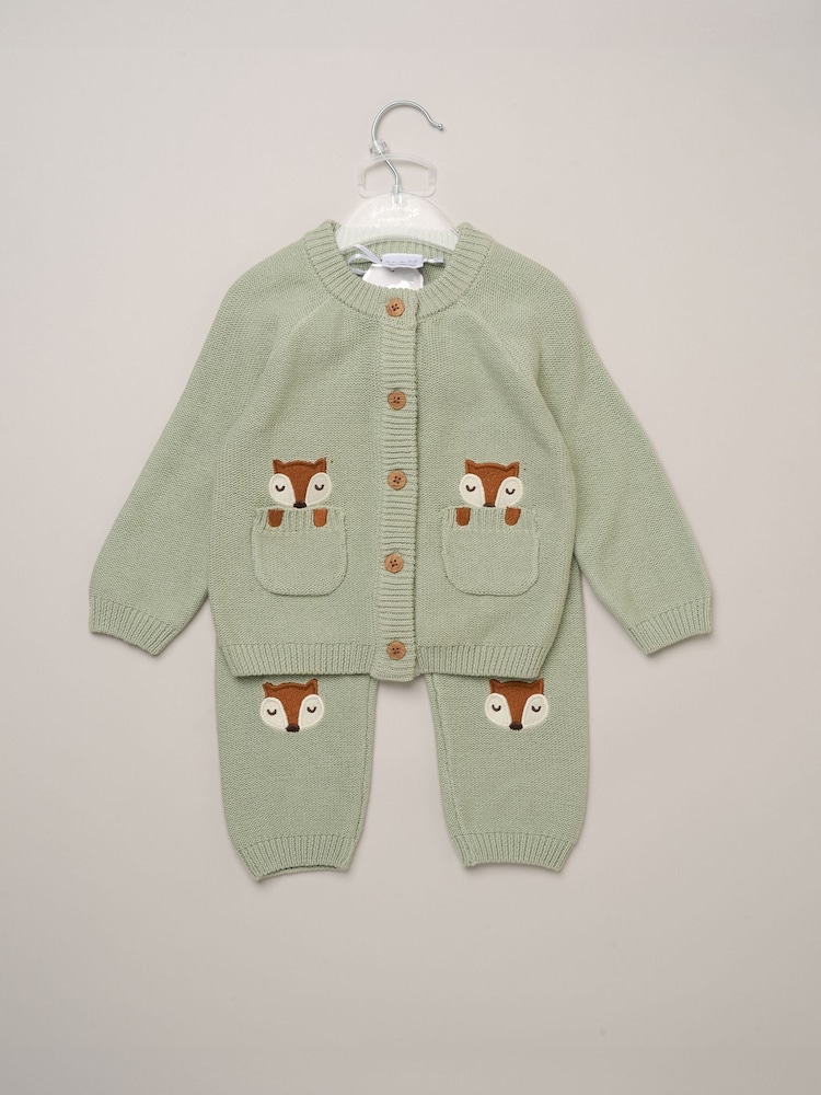 Rock-A-Bye Baby Boutique Green True Knit Applique Fox Cardigan and Trousers Set - Image 2 of 4 Rock-A-Bye Baby Boutique Green True Knit Applique Fox Cardigan and Trousers Set - Image 2 of 4