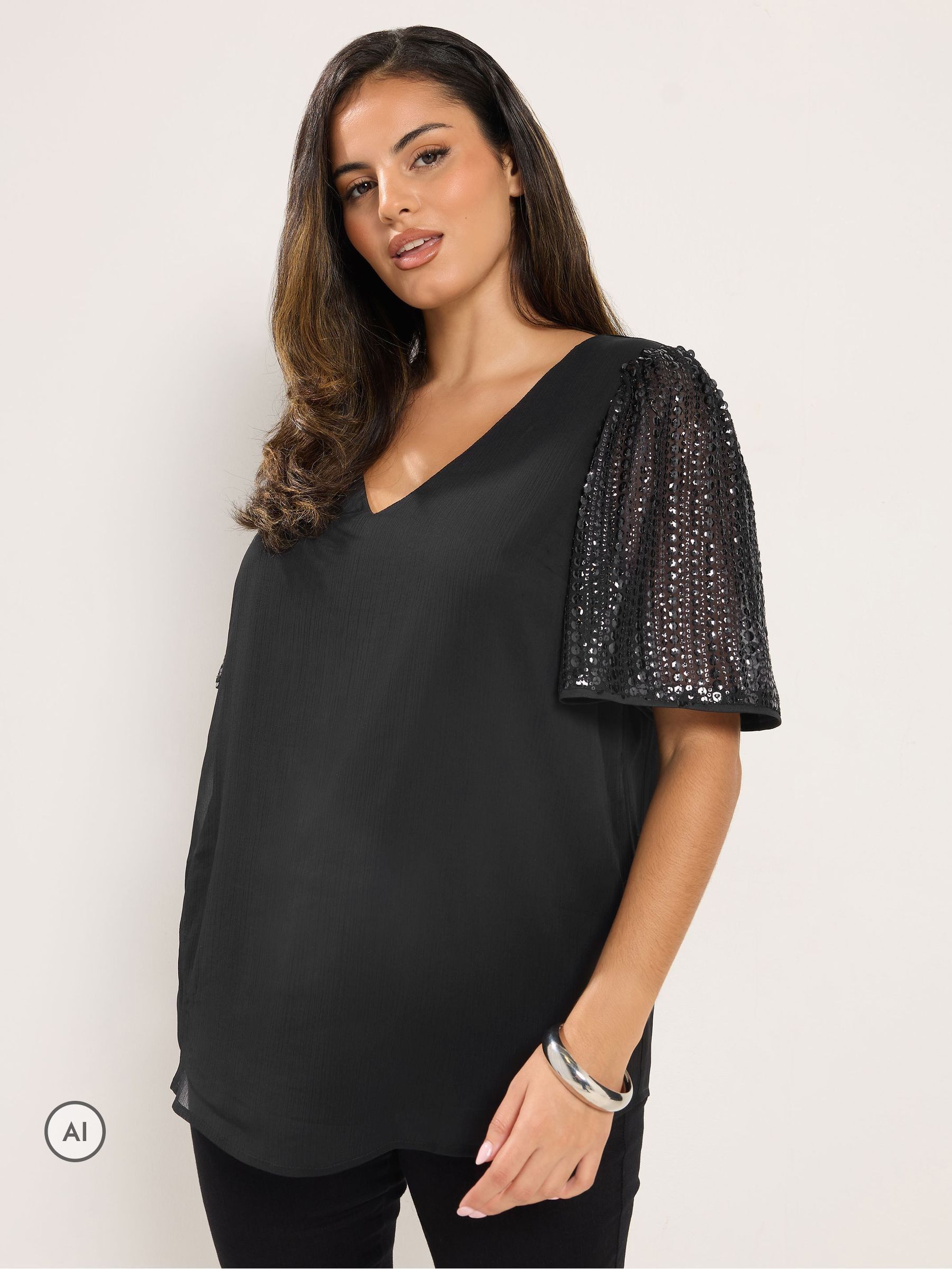 Yours Women's Black Sequin Sleeve Top In | Size: 30-32 - Image 6