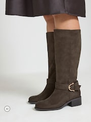 Yours Curve Brown Stretch Panel Knee High Boots - Image 1 of 5
