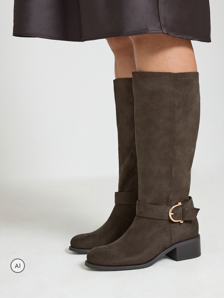 Yours Curve Brown Stretch Panel Knee High Boots - Image 1 of 5