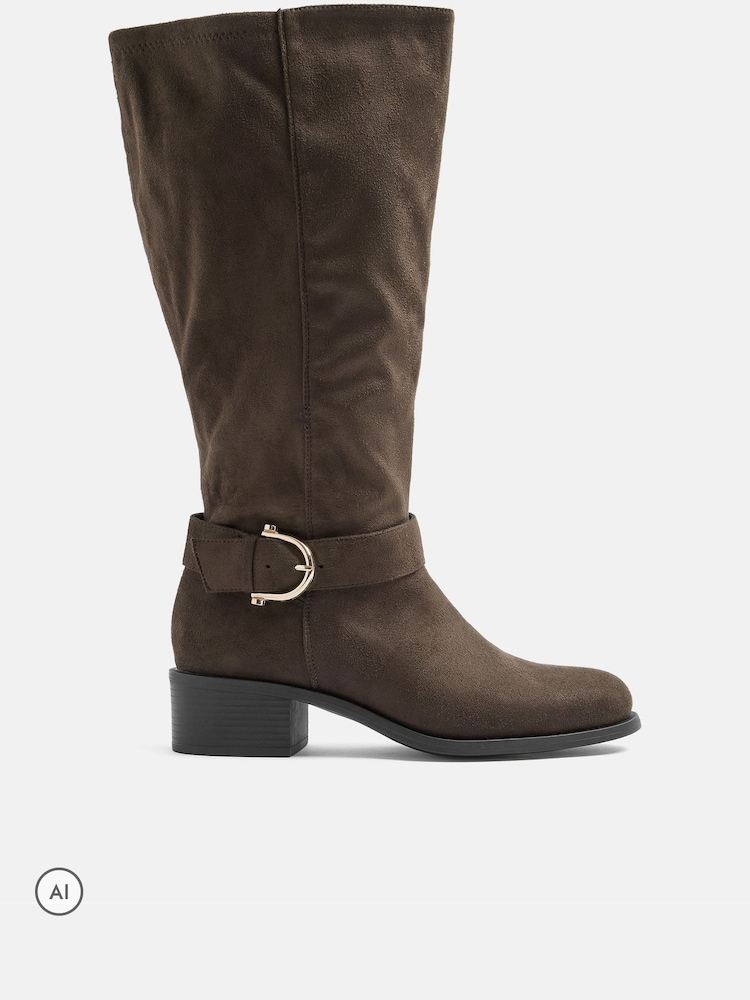 Yours Curve Brown Stretch Panel Knee High Boots - Image 2 of 5