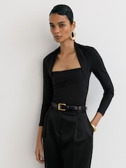 Zwart - Reiss Harriette Top met vierkante hals en ruches en lange mouwen - Afbeelding 1 van 6