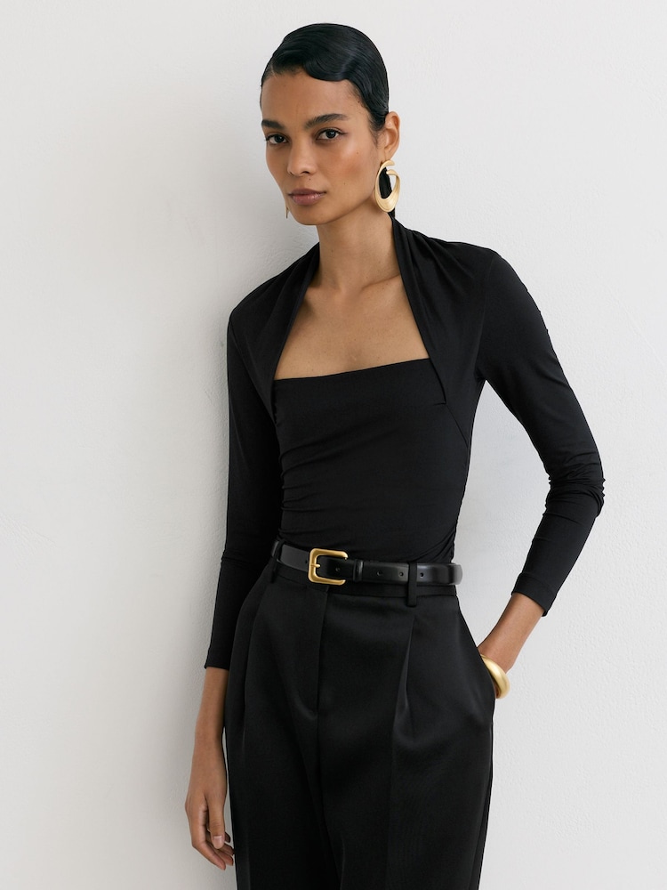 Zwart - Reiss Harriette Top met vierkante hals en ruches en lange mouwen - Afbeelding 1 van 6