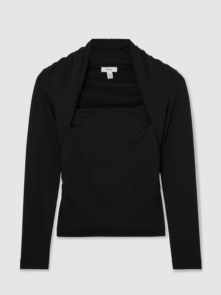 Zwart - Reiss Harriette Top met vierkante hals en ruches en lange mouwen - Afbeelding 2 van 6
