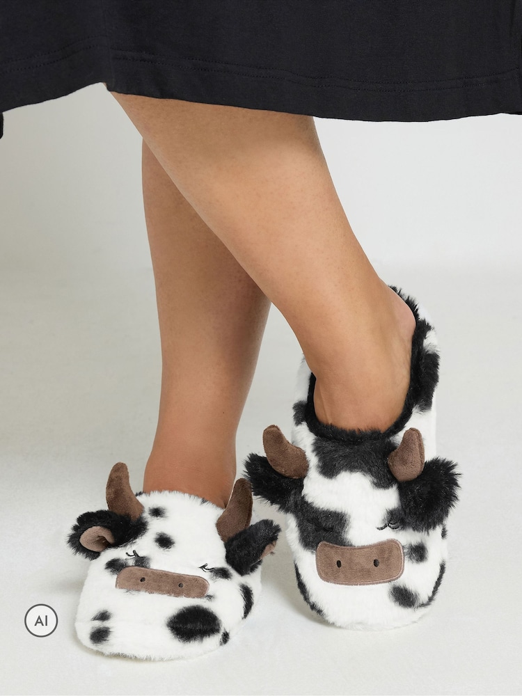 Yours Curve Black Highland Cow Mule Slippers - Image 1 of 5 Yours Curve Black Highland Cow Mule Slippers - Image 1 of 5