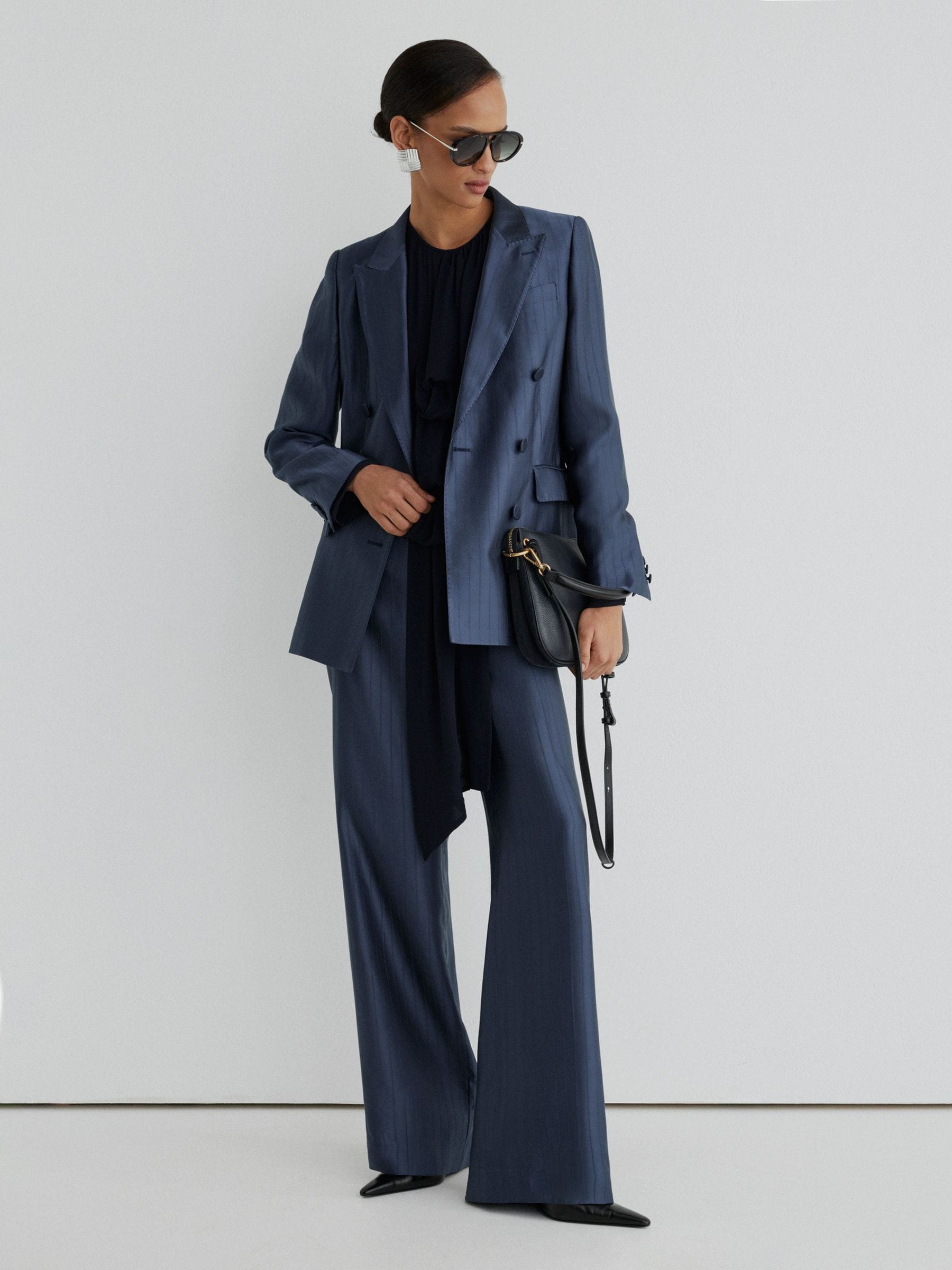 Atelier Navy Satin Pinstripe Double Breasted Blazer In Blue