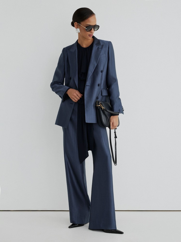Atelier Navy Satin Pinstripe Double Breasted Blazer - Image 1 of 8