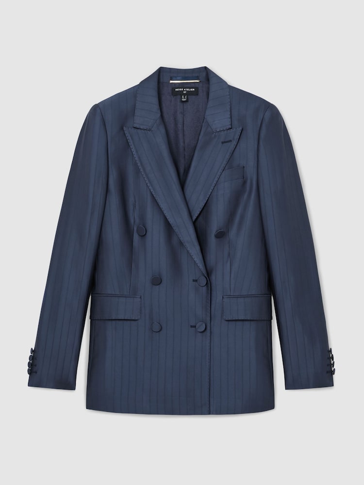 Atelier Navy Satin Pinstripe Double Breasted Blazer - Image 2 of 8