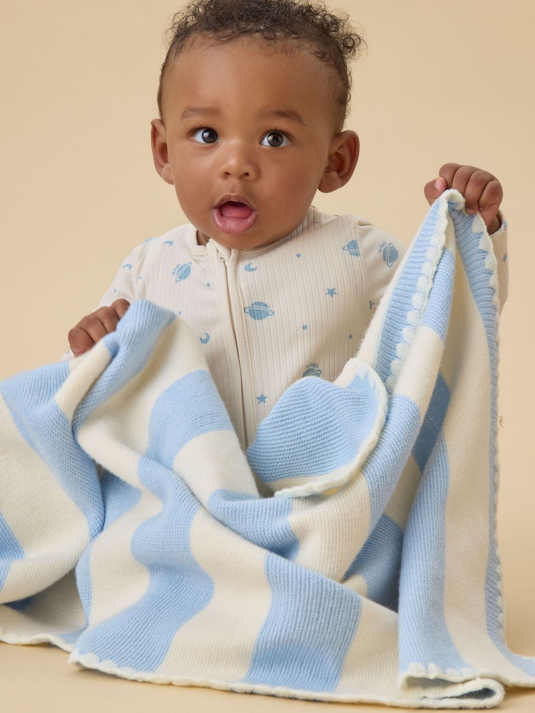 MORI Blue Supersoft Striped Blanket with Embroidery Stitch - Image 1 of 5 MORI Blue Supersoft Striped Blanket with Embroidery Stitch - Image 1 of 5