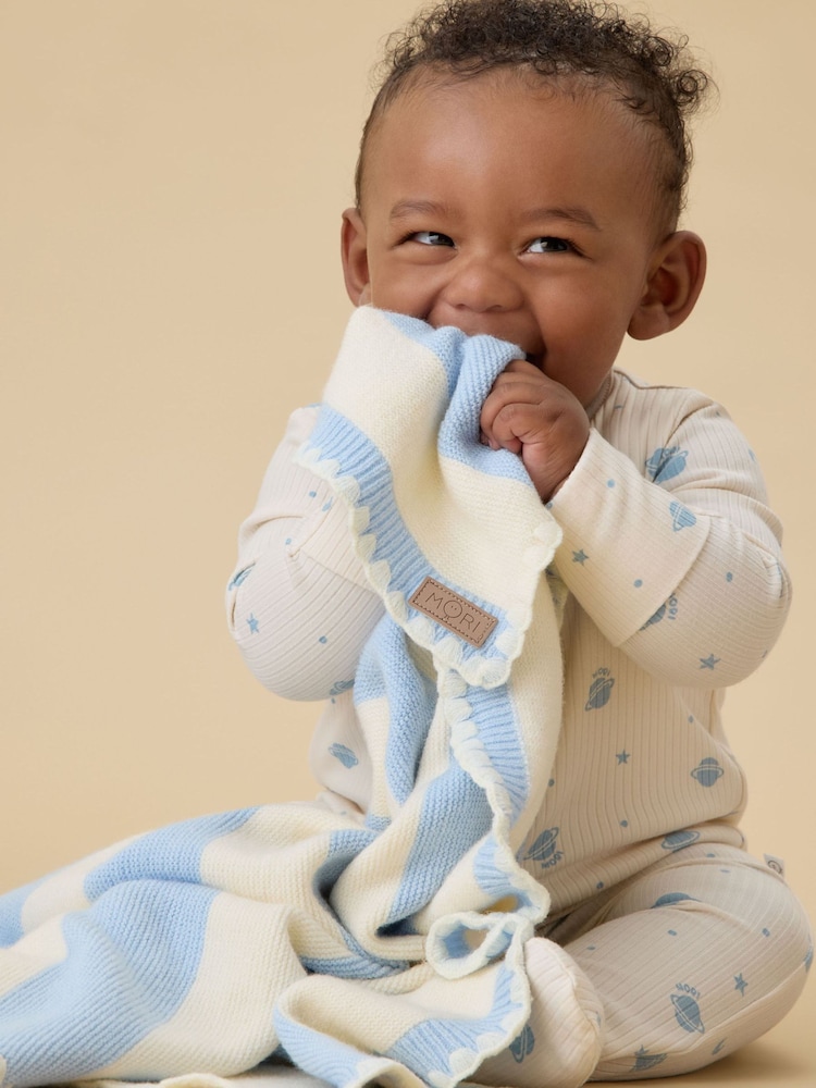MORI Blue Supersoft Striped Blanket with Embroidery Stitch - Image 2 of 5 MORI Blue Supersoft Striped Blanket with Embroidery Stitch - Image 2 of 5