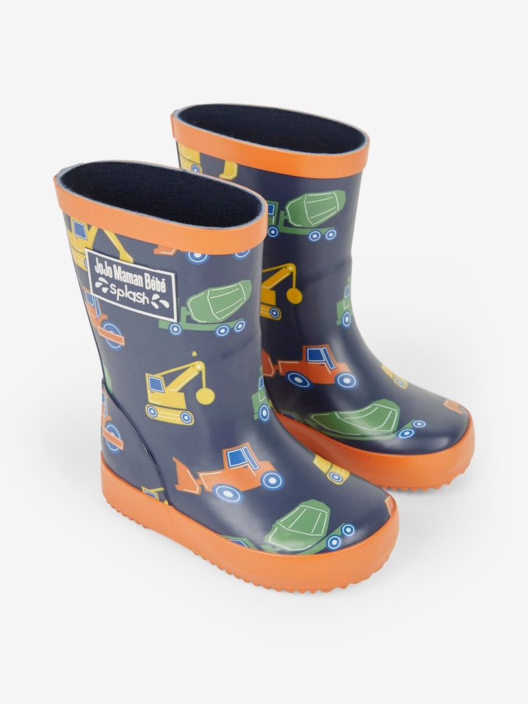 JoJo Maman Bébé Navy Blue Construction Printed Lined Wellies - Image 1 of 5