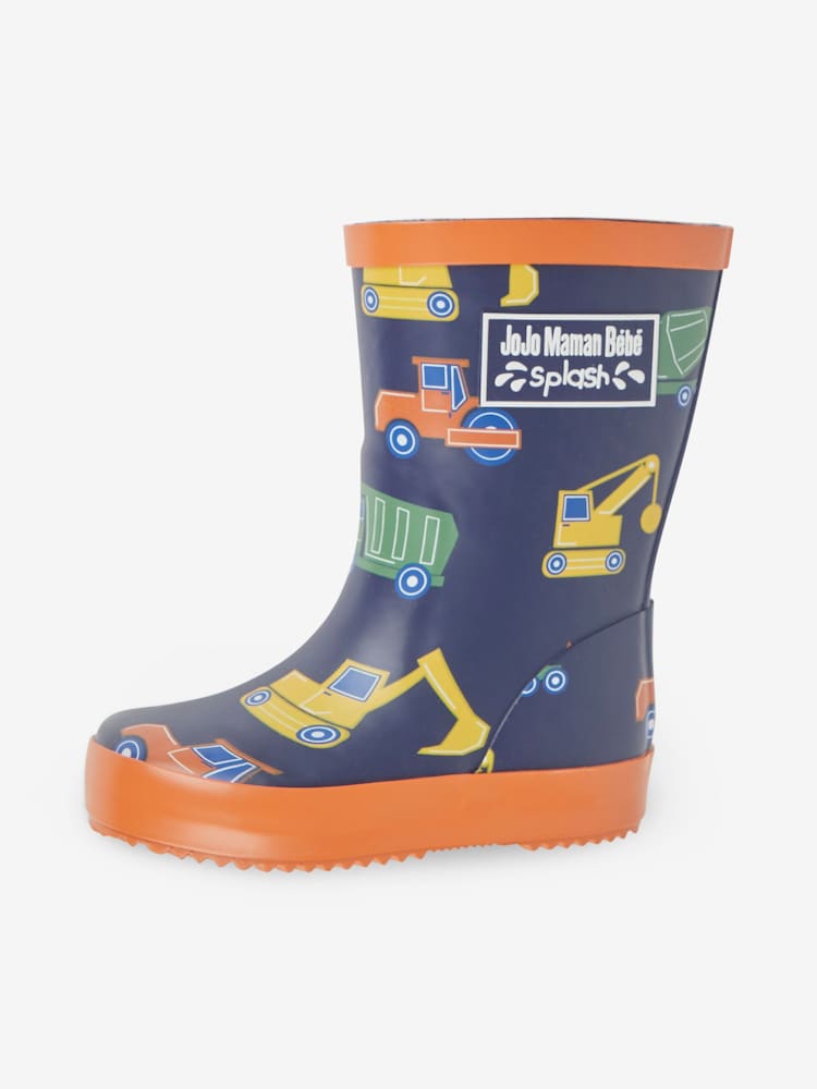 JoJo Maman Bébé Navy Blue Construction Printed Lined Wellies - Image 4 of 5