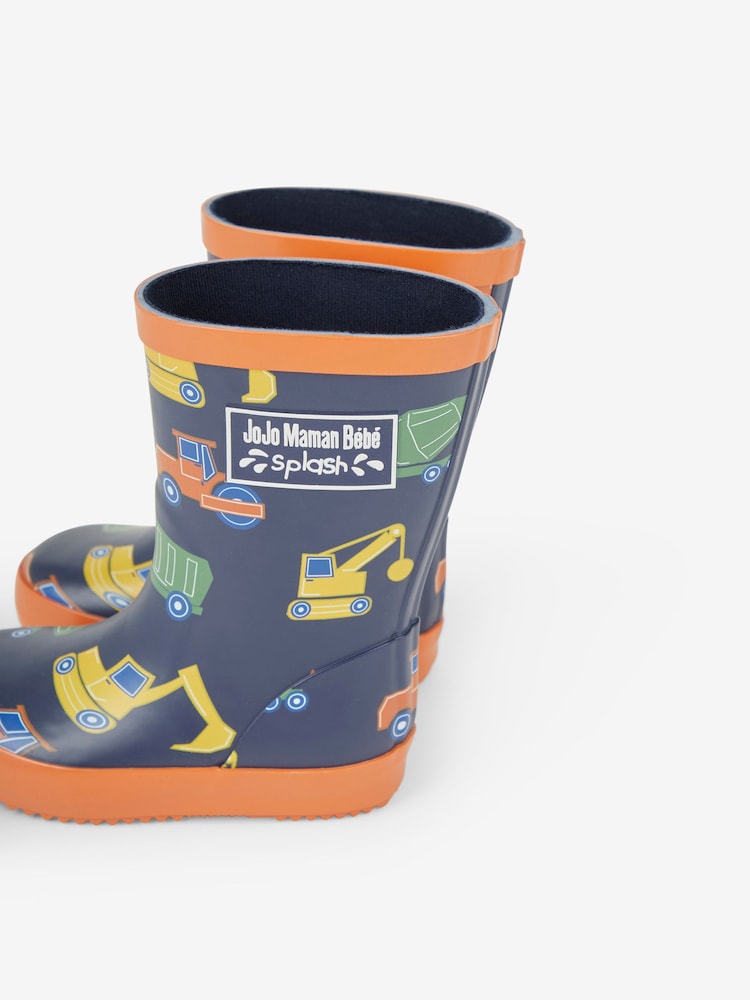 JoJo Maman Bébé Navy Blue Construction Printed Lined Wellies - Image 5 of 5