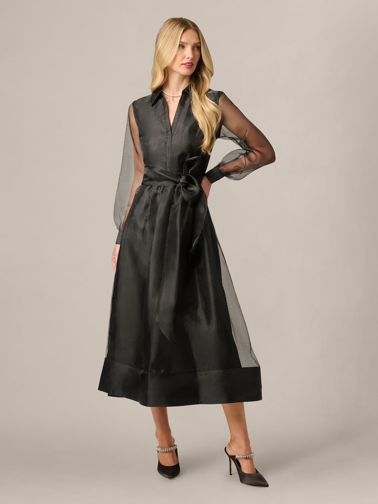 Adrianna Papell Black Organza Ankle Shirt Dress - Image 1 of 6