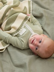 MORI Green Supersoft Sage Striped Blanket with Embroidery Stitch - Image 1 of 4