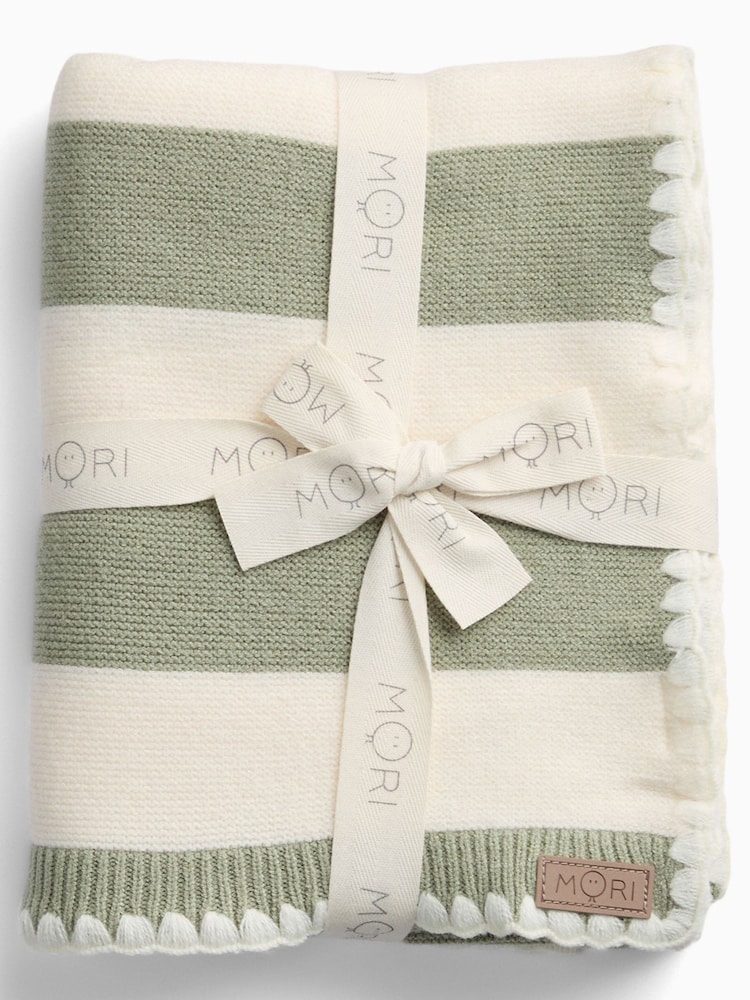 MORI Green Supersoft Sage Striped Blanket with Embroidery Stitch - Image 2 of 4 MORI Green Supersoft Sage Striped Blanket with Embroidery Stitch - Image 2 of 4