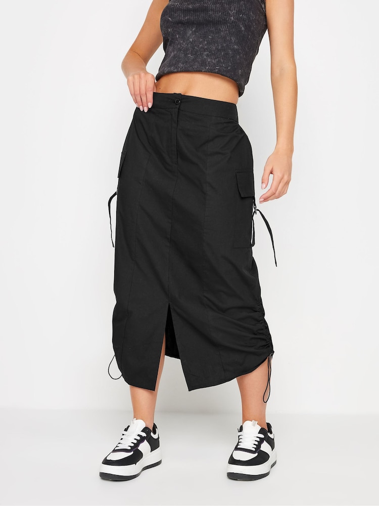 PixieGirl Petite Black 100% Cotton Cargo Ruched Midi Skirt - Image 2 of 5