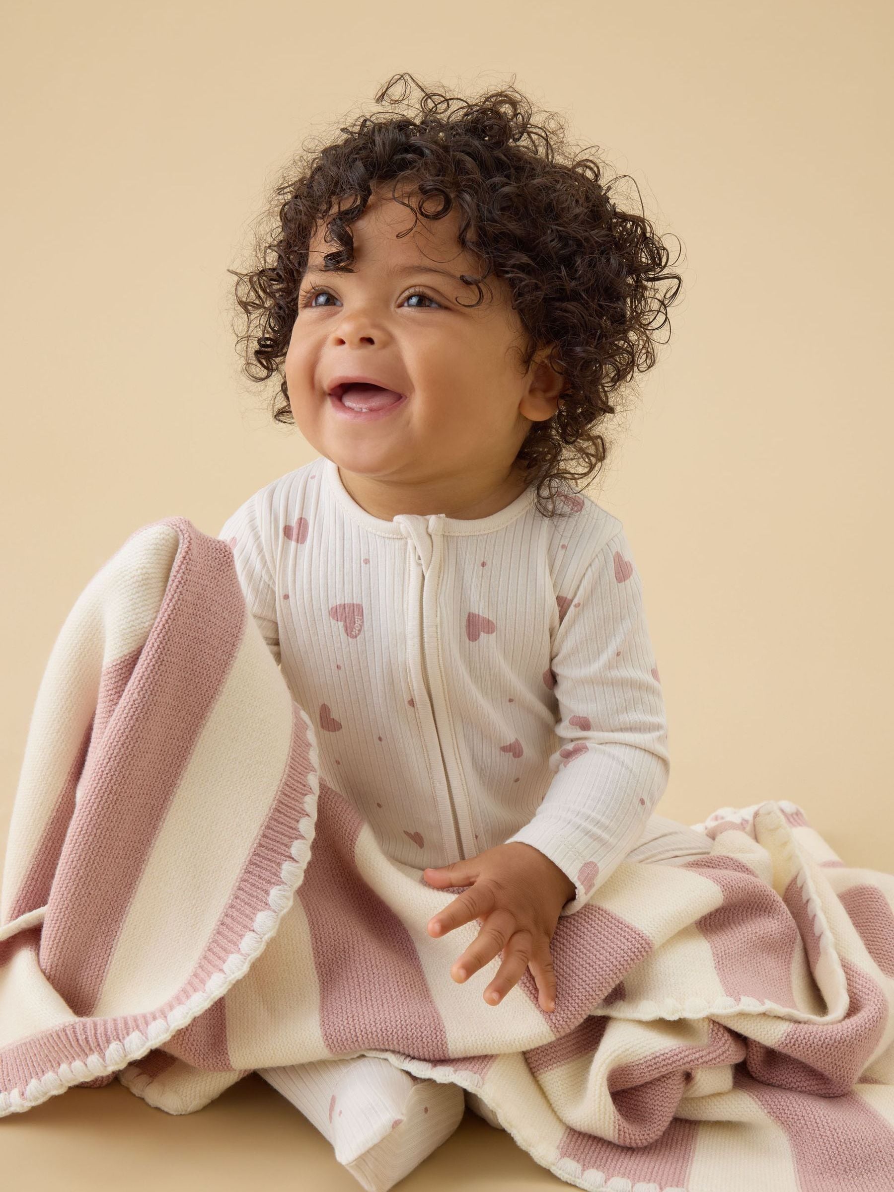 MORI Pink Supersoft Pink Striped Blanket with Embroidery Stitch