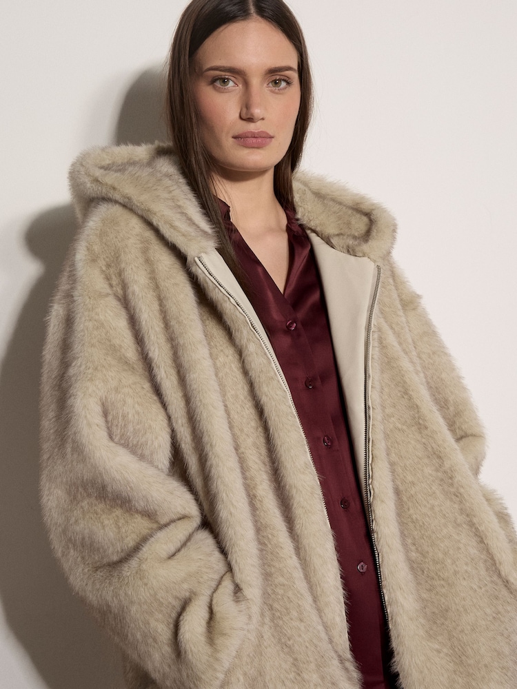Apricot Grey Soft Faux Fur Hooded Jacket - Image 1 of 5 Apricot Grey Soft Faux Fur Hooded Jacket - Image 1 of 5