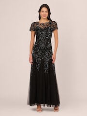 Adrianna Papell Black Bead Long Dress With Godets - Image 1 of 6