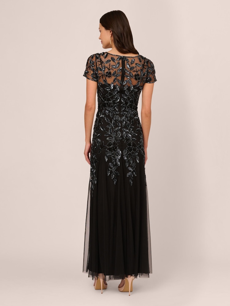 Adrianna Papell Black Bead Long Dress With Godets - Image 2 of 6