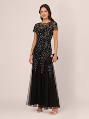 Adrianna Papell Black Bead Long Dress With Godets - Image 4 of 6