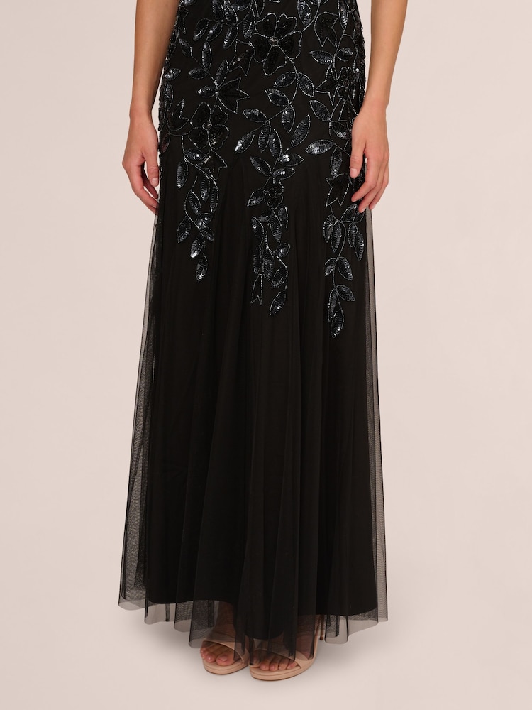 Adrianna Papell Black Bead Long Dress With Godets - Image 6 of 6