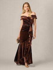 Adrianna Papell Brown Velvet Off The Shoulder Gown - Image 4 of 6
