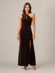Adrianna Papell Brown Velvet Halter Mermaid Gown - Image 1 of 6