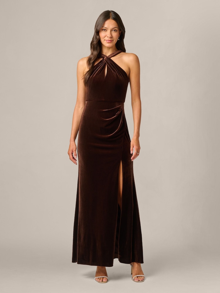 Adrianna Papell Brown Velvet Halter Mermaid Gown - Image 1 of 6