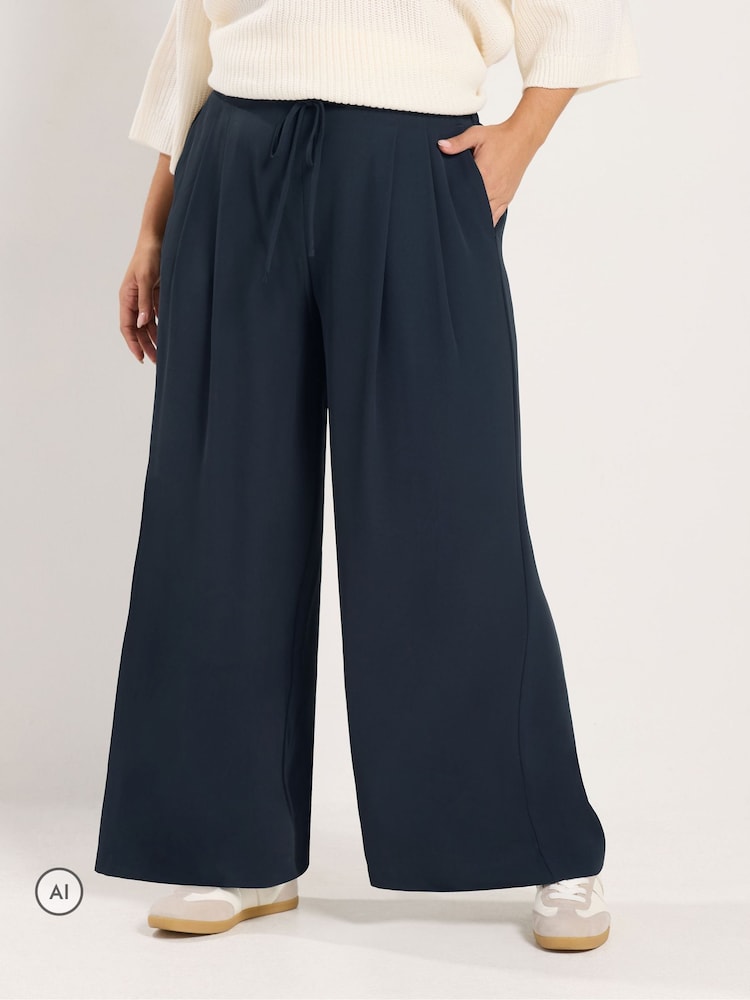Yours Curve Blue Pleated Wide Leg Trousers - Image 1 of 6 Yours Curve Blue Pleated Wide Leg Trousers - Image 1 of 6
