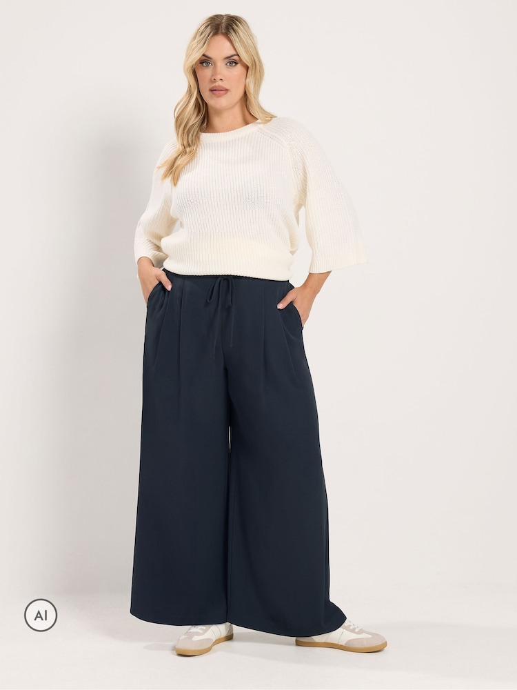 Yours Curve Blue Pleated Wide Leg Trousers - Image 2 of 6 Yours Curve Blue Pleated Wide Leg Trousers - Image 2 of 6