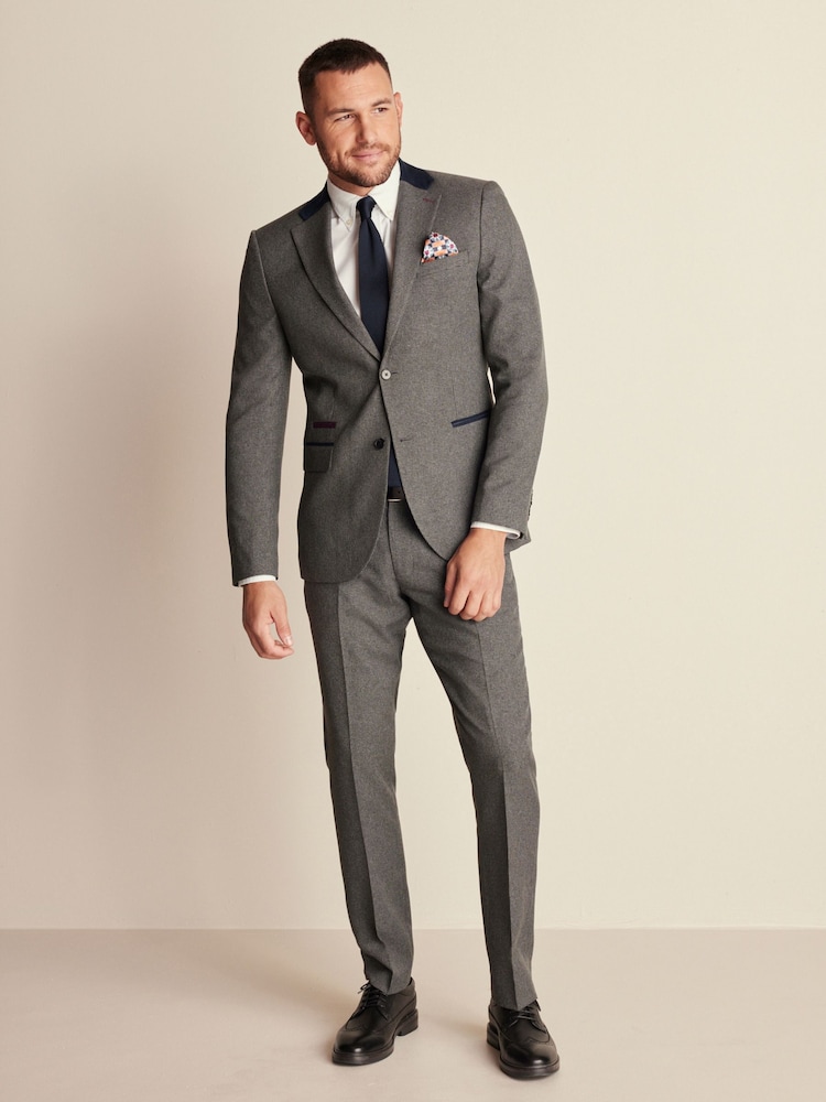 Grey Slim Fit Trimmed Texture Suit Jacket - Image 1 of 11