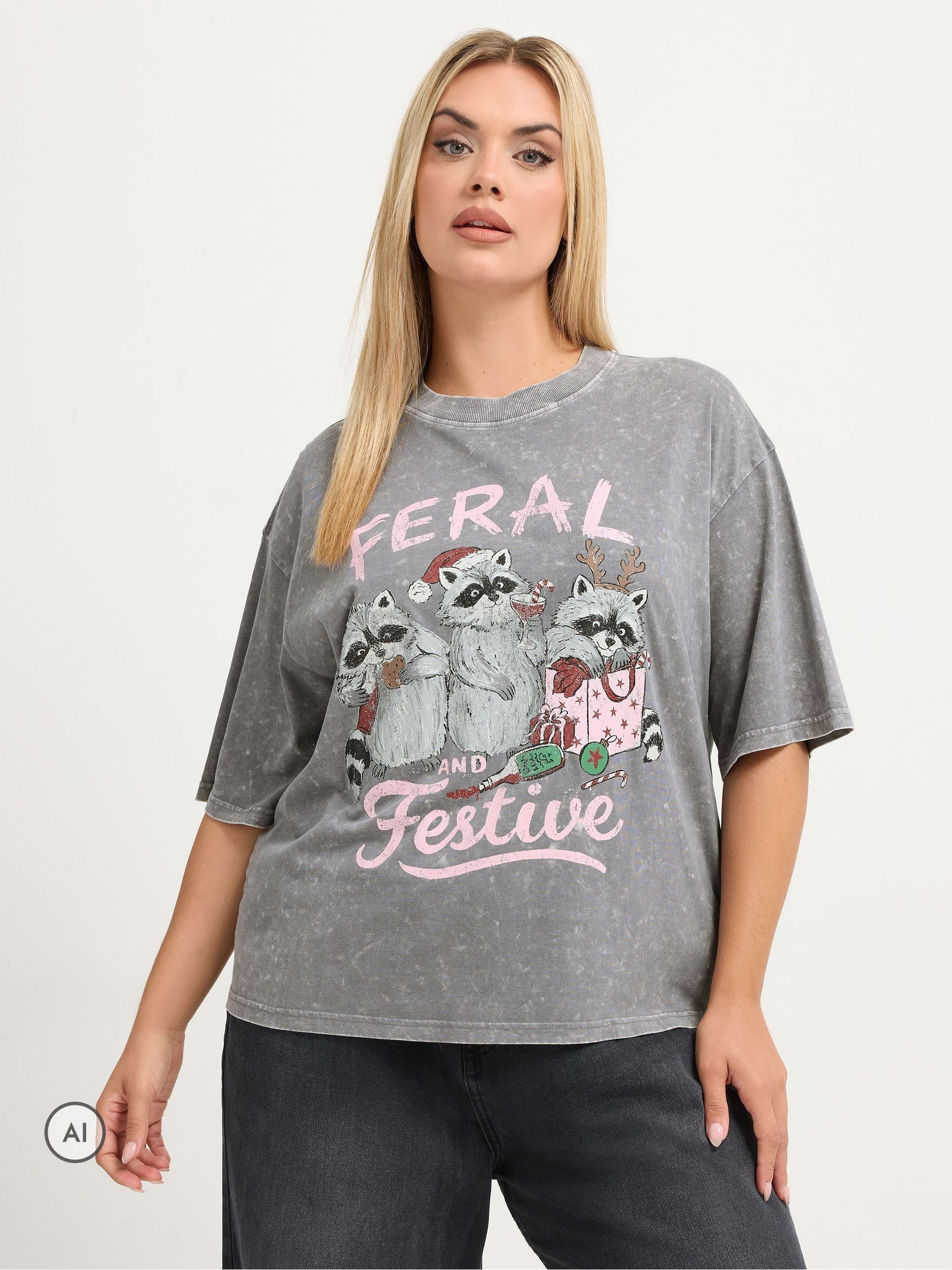 Yours Women's Acid Wash 'Feral & Festive' Novelty T-Shirt in Grey | Size: 26-28 - Image 2