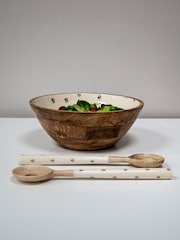 Dexam Cream Bees Knees Enamelled Mango Wood Salad Set - Image 1 of 2