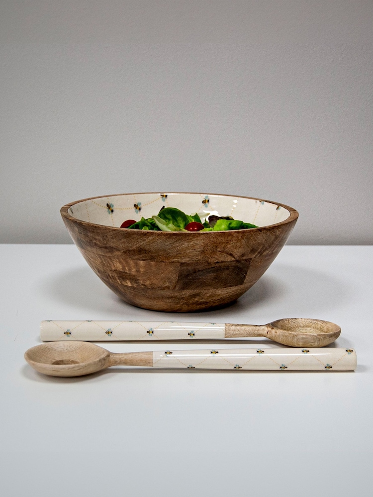 Dexam Cream Bees Knees Enamelled Mango Wood Salad Set - Image 1 of 2