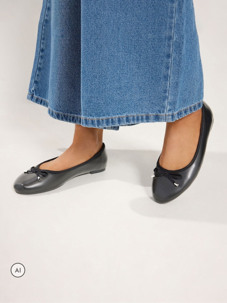 Yours Curve Black Wide Fit Faux Leather Ballet Flats - Image 1 of 5