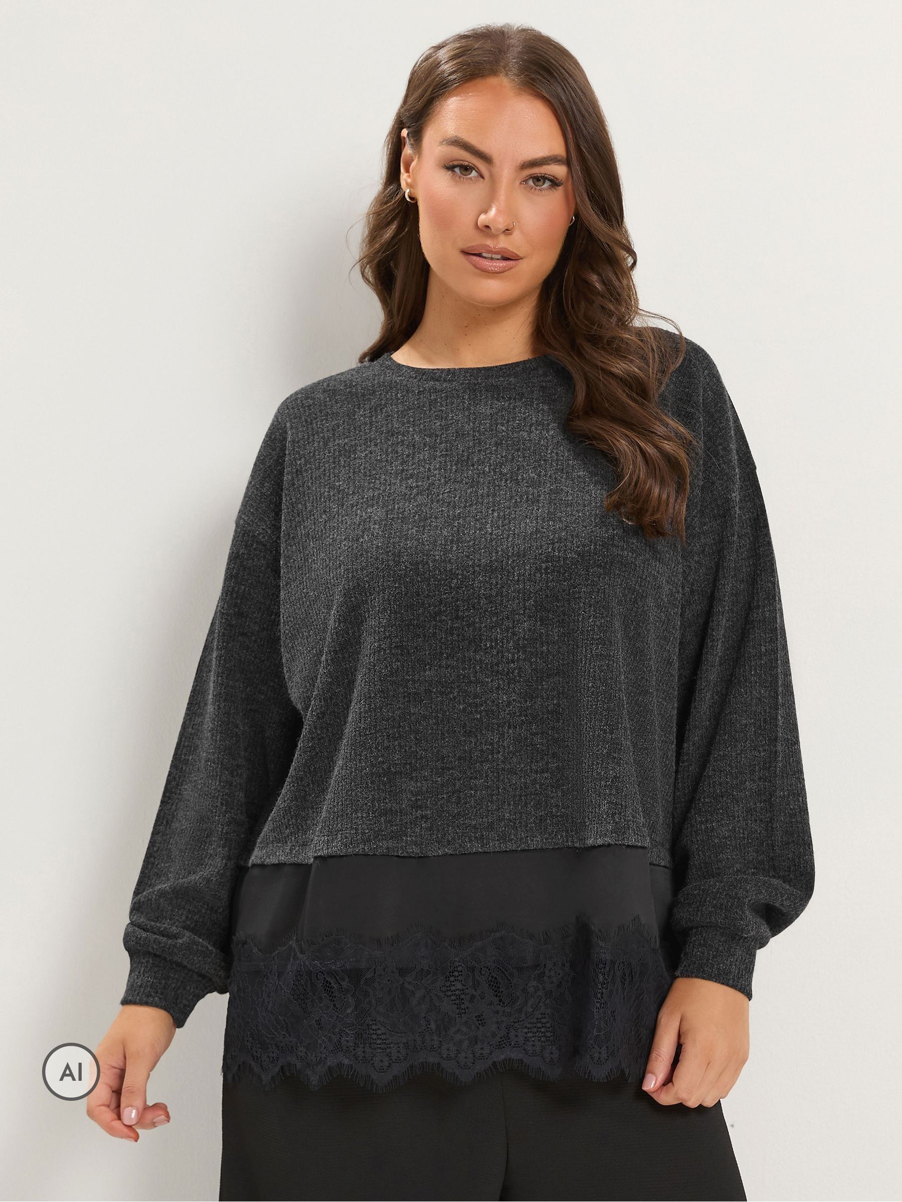 Yours Women's Grey Long Sleeve Lace Hem Top In | Size: 30/32 - Image 2