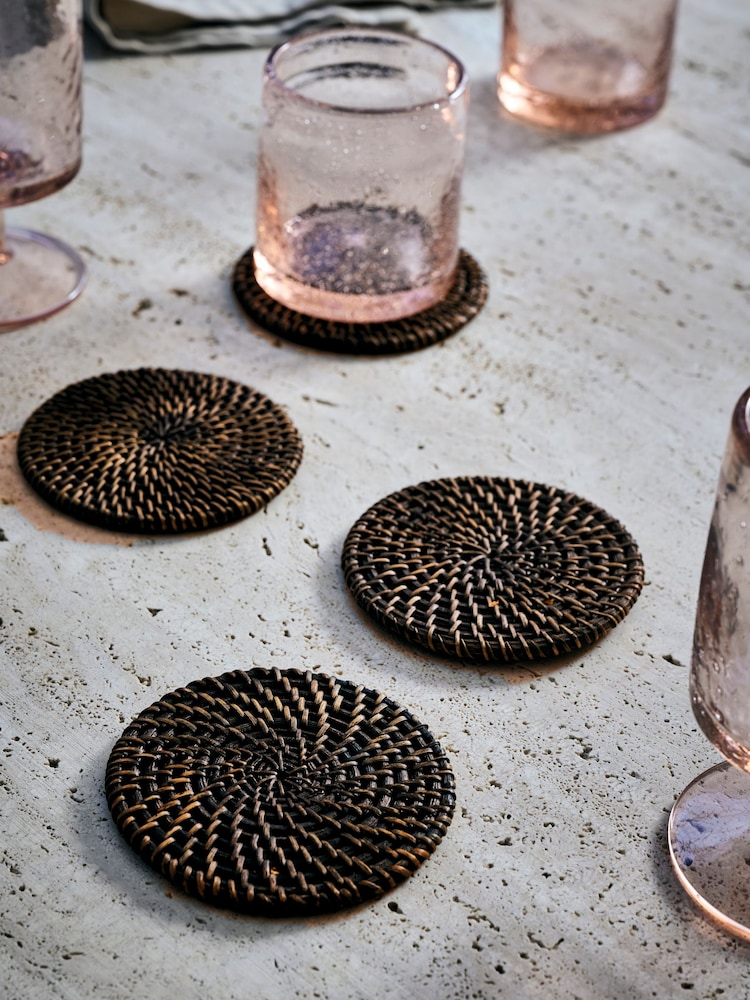 French Connection Black Rattan Hand Woven Set of 4 Coasters - Image 1 of 2