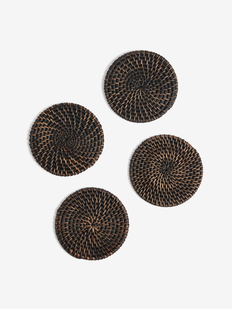 French Connection Black Rattan Hand Woven Set of 4 Coasters - Image 2 of 2